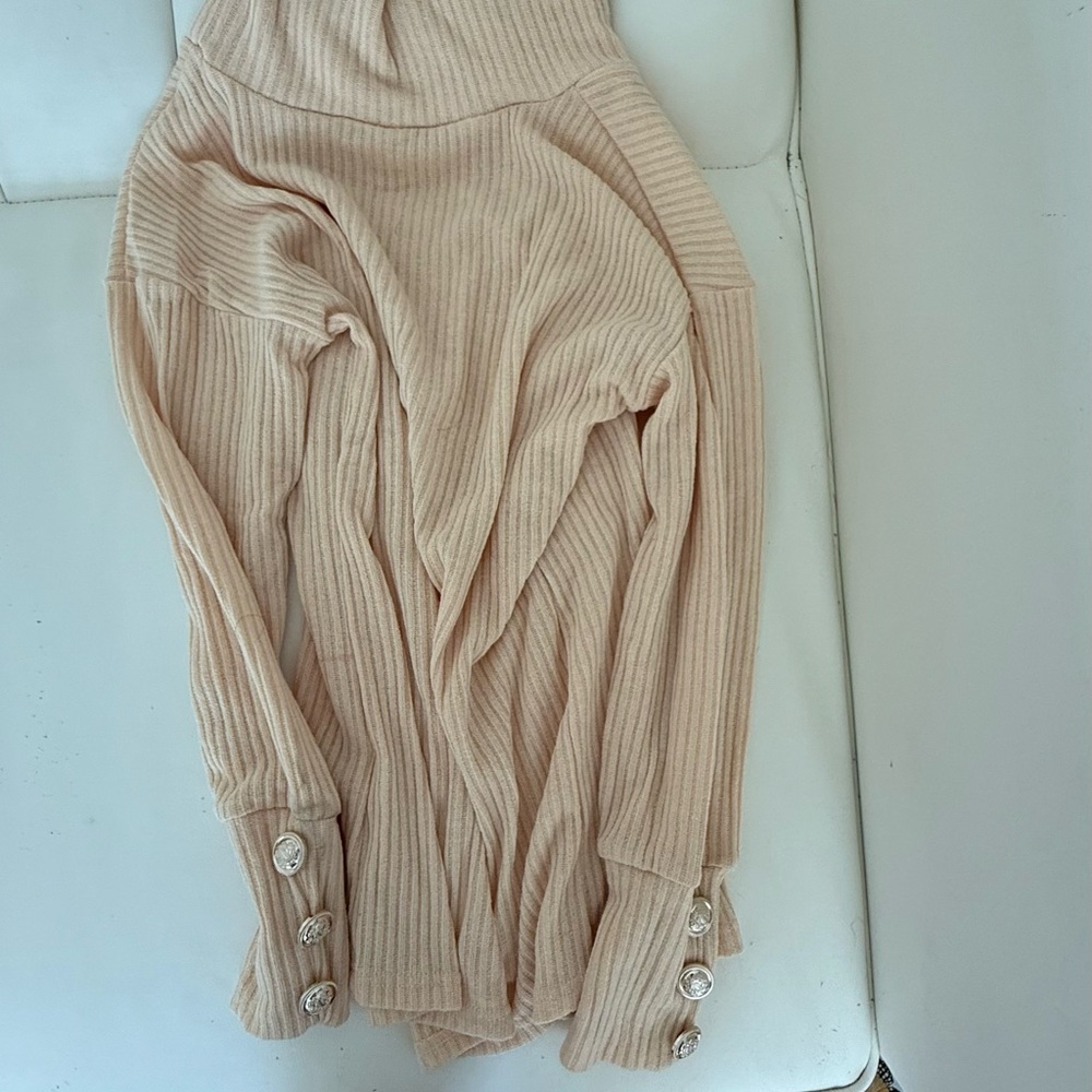 Ribbed Beige Sweater with Button Cuffs